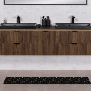 Brazowa-podwieszana-szafka-lazienkowa-z-dwiema-czarnymi-umywalkami VICTA LAMELLO matt vannitoakapp 210 cm töötasapinna ja kahe valamuga