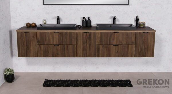 VICTA LAMELLO pähklipuidust vannitoakapp 210 cm töötasapinna ja kahe valamuga