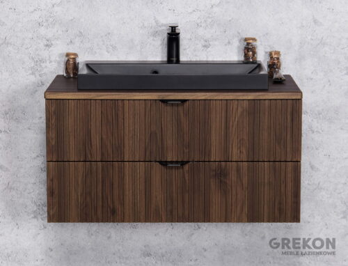 VICTA LAMELLO pähklipuidust vannitoakapp 80cm töötasapinna ja musta kraanikausiga