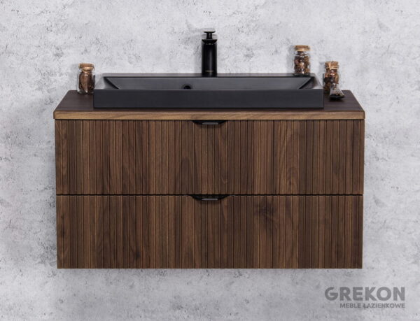 VICTA LAMELLO pähklipuidust vannitoakapp 80cm töötasapinna ja musta kraanikausiga