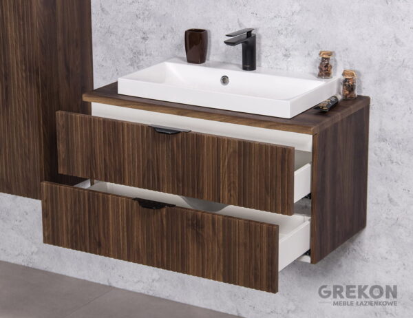 VICTA LAMELLO pähklipuidust vannitoakapp 80cm töötasapinna ja valge kraanikausiga