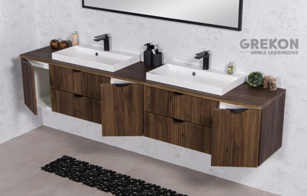 VICTA LAMELLO pähklipuidust vannitoakapp 210 cm töötasapinna ja kahe valamuga