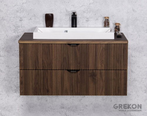 VICTA LAMELLO pähklipuidust vannitoakapp 80cm töötasapinna ja valge kraanikausiga