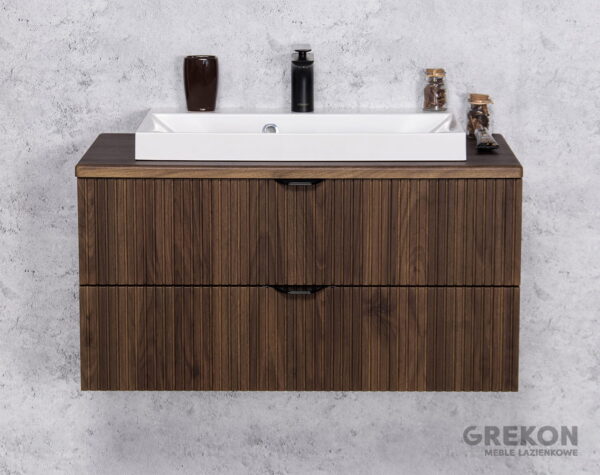 VICTA LAMELLO pähklipuidust vannitoakapp 80cm töötasapinna ja valge kraanikausiga