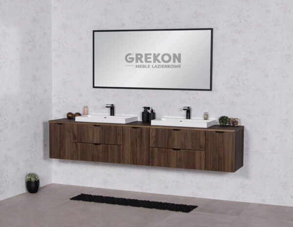 VICTA LAMELLO pähklipuidust vannitoakapp 210 cm töötasapinna ja kahe valamuga