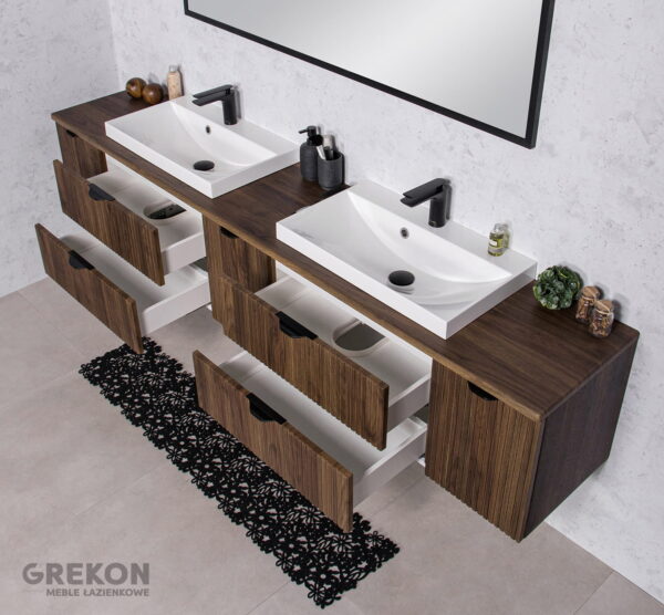 VICTA LAMELLO pähklipuidust vannitoakapp 210 cm töötasapinna ja kahe valamuga