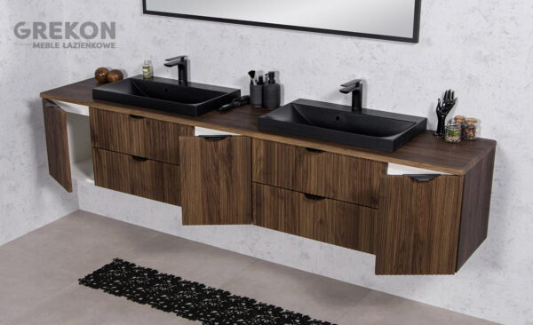 VICTA LAMELLO pähklipuidust vannitoakapp 210 cm töötasapinna ja kahe valamuga