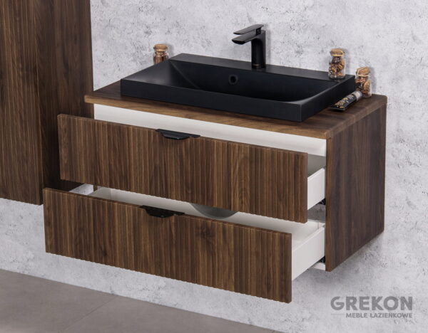 VICTA LAMELLO pähklipuidust vannitoakapp 80cm töötasapinna ja musta kraanikausiga