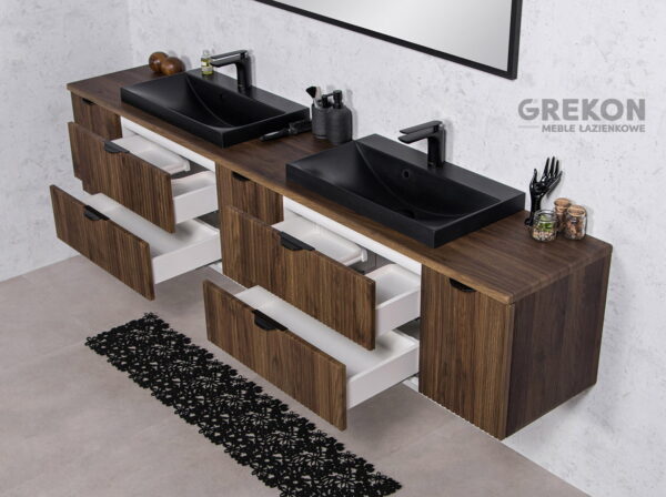 VICTA LAMELLO pähklipuidust vannitoakapp 210 cm töötasapinna ja kahe valamuga