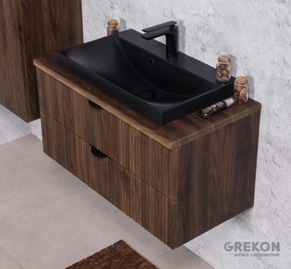 VICTA LAMELLO pähklipuidust vannitoakapp 80cm töötasapinna ja musta kraanikausiga