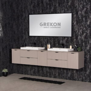 Szafka-lazienkowa-fume-z-dwiema-bialymi-umywalkami VICTA LAMELLO matt vannitoakapp 210 cm töötasapinna ja kahe valamuga