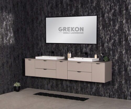 Szafka-lazienkowa-fume-z-dwiema-bialymi-umywalkami VICTA LAMELLO matt vannitoakapp 210 cm töötasapinna ja kahe valamuga