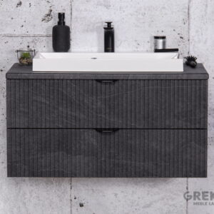 Szafka-lazienkowa-grafitowa-z-biala-umywalka-i-czarnymi-uchwytami VICTA LAMELLO 120cm grafiidist vannitoakapp musta tööpinna ja kraanikausiga