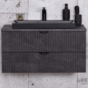 Szara-szafka-lazienkowa-z-blatem-oraz-czarna-matowa-umywalka VICTA LAMELLO 120cm grafiidist vannitoakapp musta tööpinna ja kraanikausiga