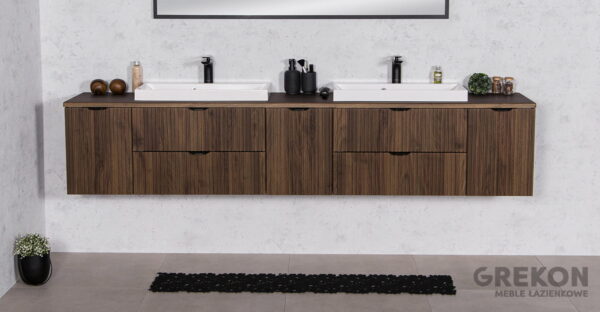 VICTA LAMELLO pähklipuidust vannitoakapp 210 cm töötasapinna ja kahe valamuga